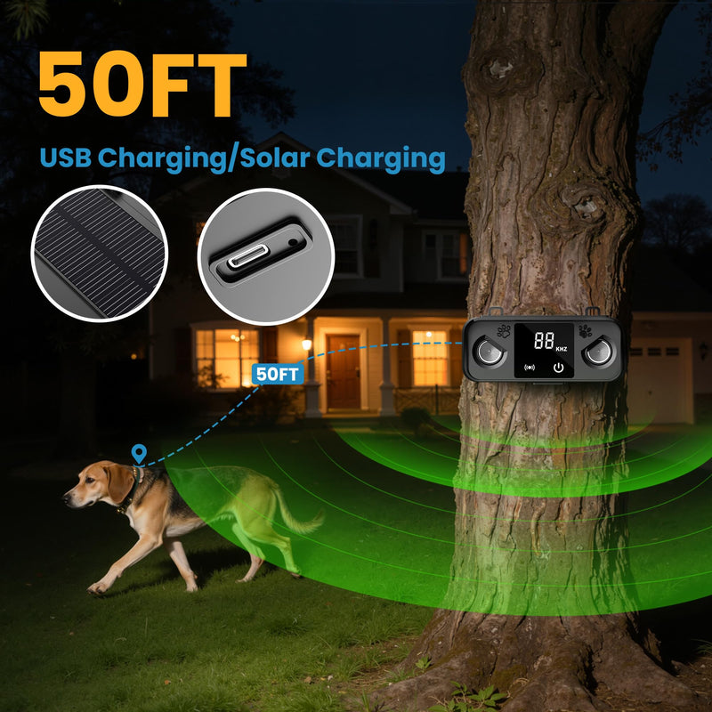 Anti Barking Devices for Dog, Solar Ultrasonic Dog Bark Deterrent Devices,Outdoor Waterproof Bark Deterrent with 50ft Range for Indoor/Outside Use Black