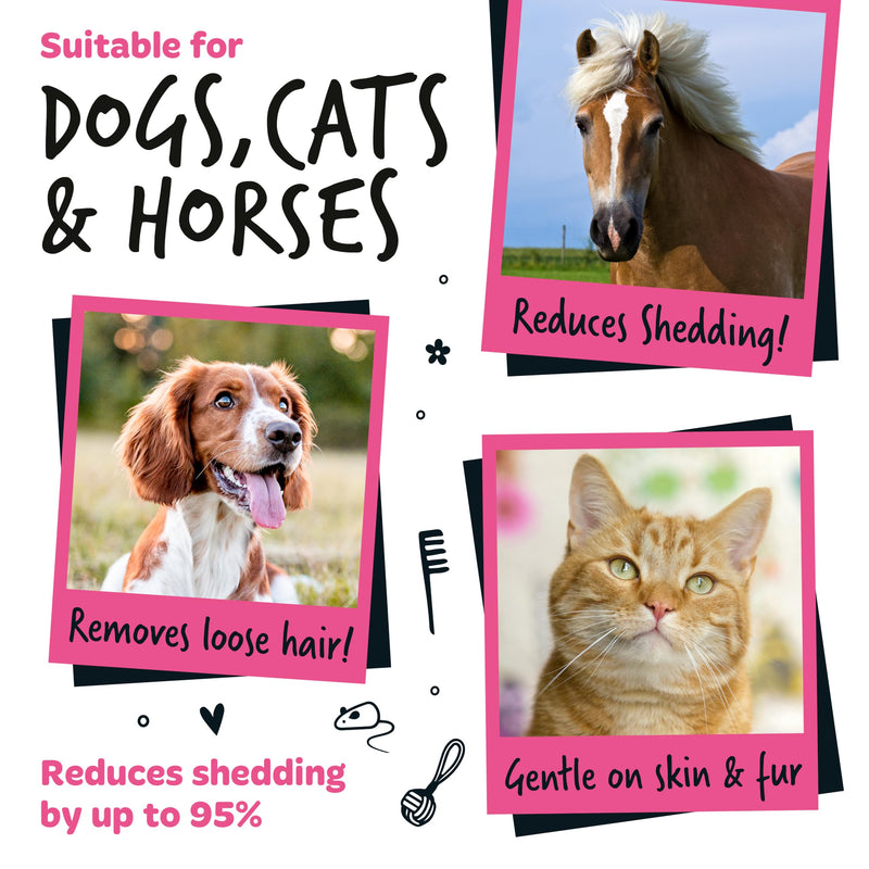 Bugalugs Deshedding Brush for Dogs, Cats, Horses - Pet Grooming Tool that is Gentle & Effective With Wide Shallow Comb, Smooth Groomer for Dog, Cat and Horse Pink