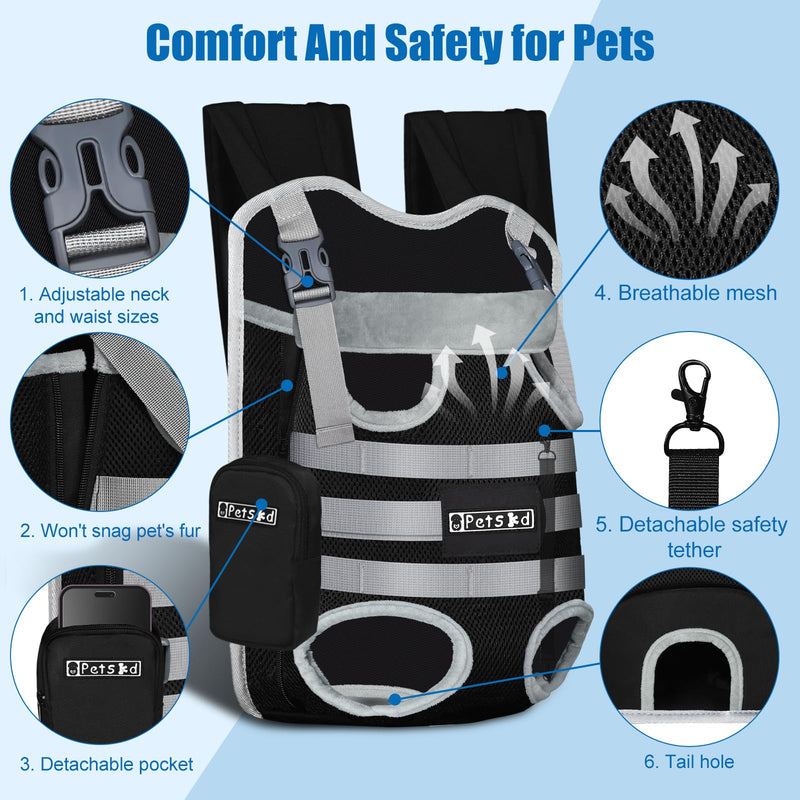 Petskd Dog Front Carrier Backpack for Small Pet with Adjustable Cross Shoulder Straps, Hands Free Puppy Legs Out Chest Carriers for Hiking, Cycling, Vet (Black, M) - PawsPlanet Australia