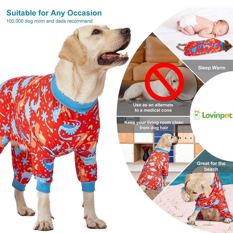 LovinPet Pitbull Dog Pajamas, Large Dog Onesies for Surgery/Wound Care, Lightweight Stretchy Knit Fabric, Dinosaur Jungle Red Print Dog Pj's UV Protection, Pet Anxiety Relief, Dog Costume/XL X-Large Red/Blue Update