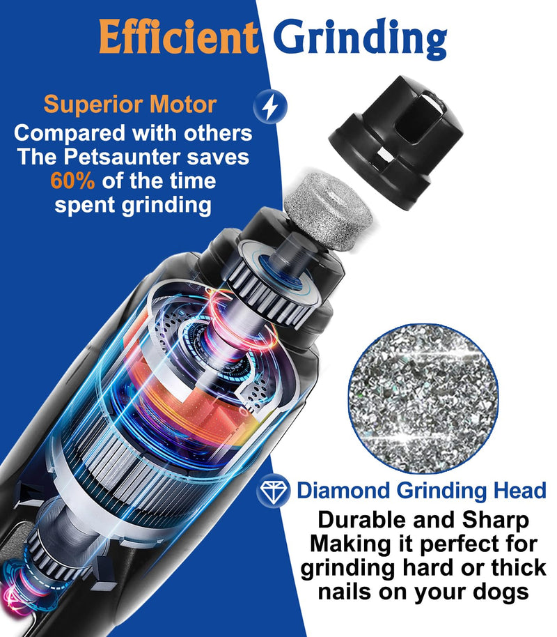 Petsaunter Dog Nail Grinder, 3 Grinding Heads, 2-Speed, LED Light, Touch-Switch, TypeC, Quiet, Low-Vibration, Dog Nail Trimmers for Large, Medium, Small Dogs & Cats with Hard/Thick Nails (U-Dark Blue) U-DarkBlue