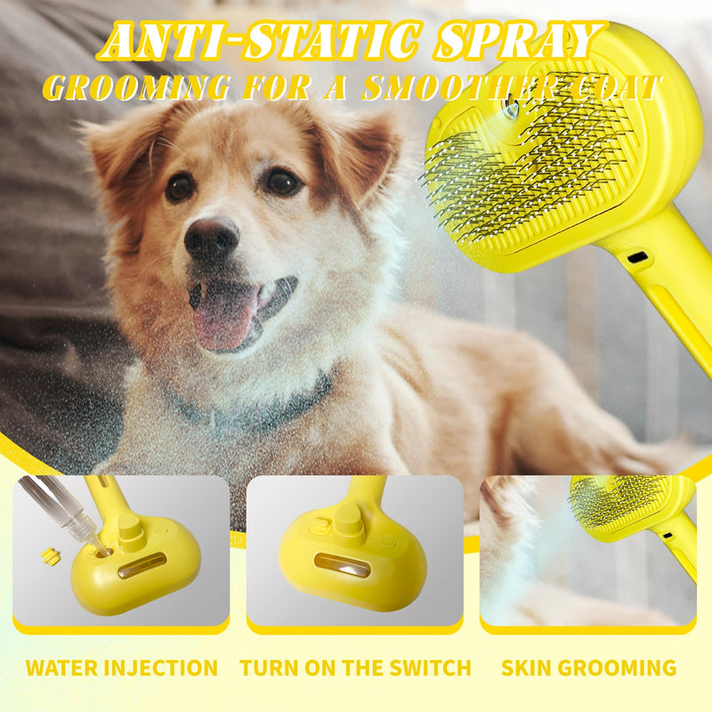 QOQ Self-Cleaning Spray Cat Brush for Shedding, Removes Static Flying Hair, and Works Wonders for Both Long and Short-Haired Pets 2 In 1 Cleaning Brush for Cats And Dogs Grooming (Yellow) Yellow - PawsPlanet Australia