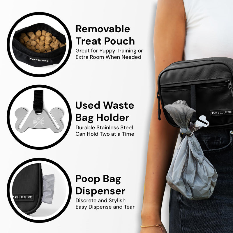 Pup Culture Cross Body Dog Training Treat Pouch | Removable Treat Pouch for Anytime Puppy Training | Built in Poop Bag Dispenser & Used Dog Poop Bag Holder | Stylish Dog Treat Pouch - Black - PawsPlanet Australia