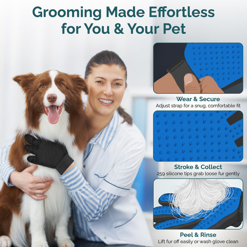 Pet Grooming Gloves for Dogs & Cats – Premium 259-Tip Deshedding & Massage Mitts, Easy-Peel Hair Removal, Adjustable Strap, 1 Pair (Blue/Pink) (Blue) Blue - PawsPlanet Australia