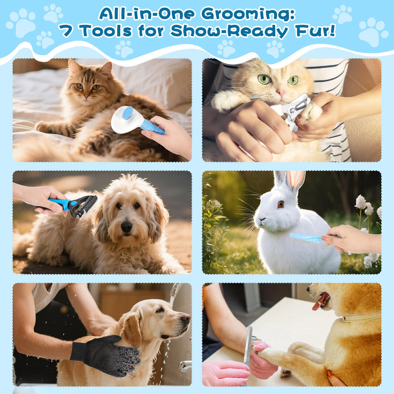 7-in-1 Pet Grooming Kit–Cat Brush,Dog Brush for Shedding,Double-Sided Flea Comb,Dog Nail Trimmers,Dog Bath Supplies–For All Cat And Small/Large Dog Shedding（Blue 7-Blue - PawsPlanet Australia