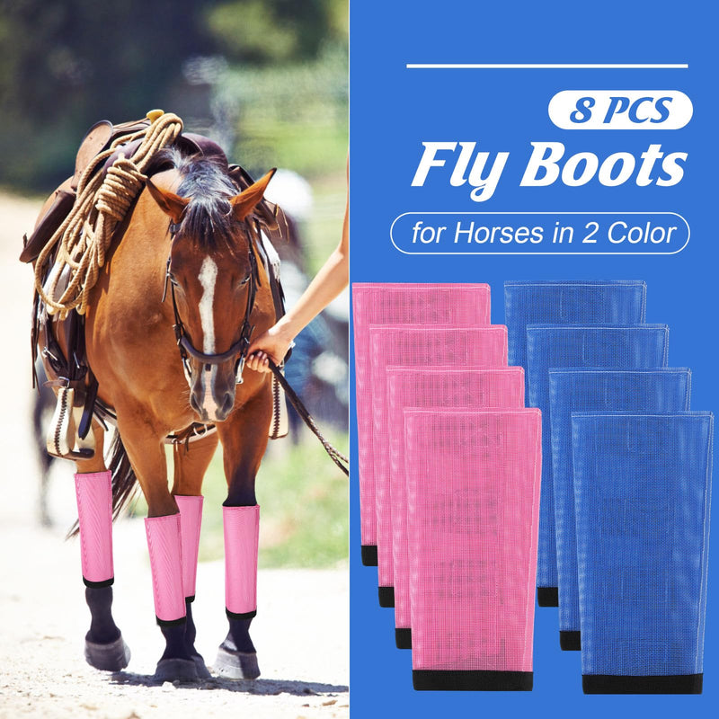 Set of 8 Mesh Fly Boots for Horse Breathable Mesh Horse Boots Protective Loose Wraps Adjustable for Preventing Legs Reduces Flies and Mosquitoes Bites(Blue, Pink,S) S Blue, Pink