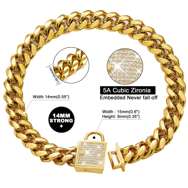ToBeTrendy Cuban Link Dog Collar Designer Gold Chain Collar with Zirconia Locking 14mm Metal Puppy Collar Luxury Dog Bling Necklace(12 to 26in) 14" (Fits Neck 12" to 13.5") - PawsPlanet Australia