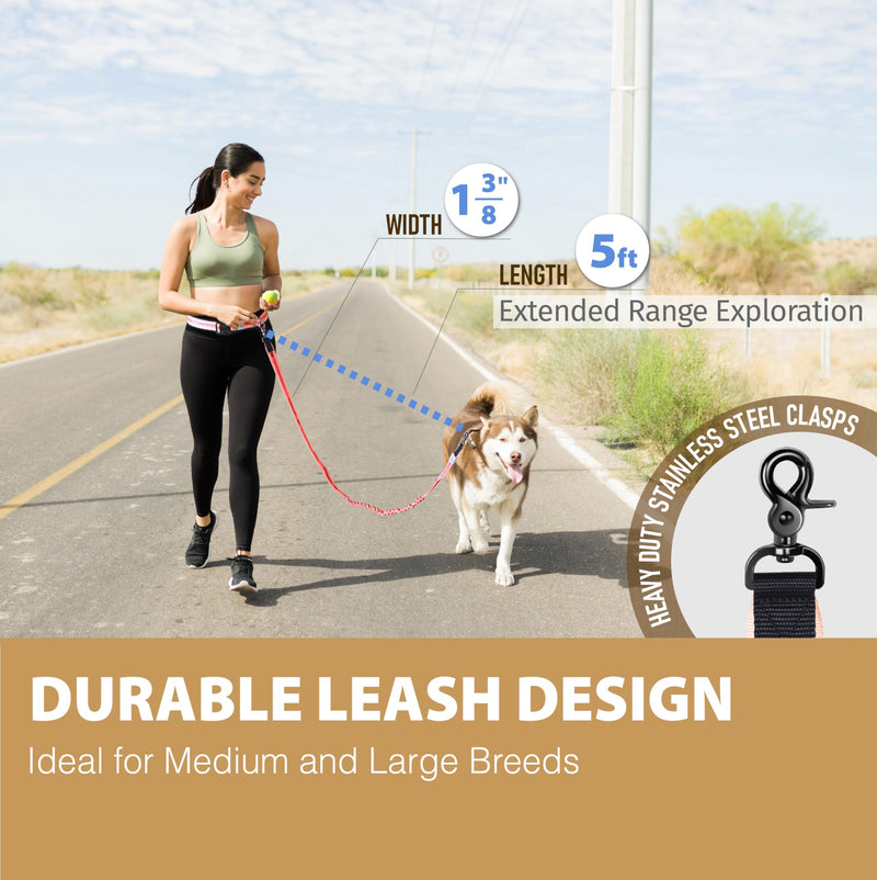 Hands Free Dog Leash with Waist Belt Lifetime Replacement, Dual Handle Bungee Leash for Running, Jogging, Hiking and Walking, for Medium and Large Dogs 5118 Hot Pink - PawsPlanet Australia