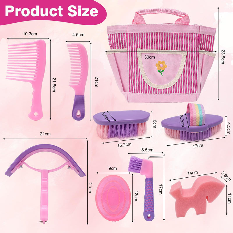 Horse Grooming Kit, Horse Brushes for Grooming Supplies Set with Organizer Bag, Horses Tack Brush Set for Effective Grooming and Cleaning, Gift for Horse Riders Beginners, Pink 9