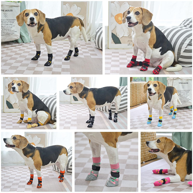 SCENEREAL Anti Slip Dog Socks for Hot/Cold Pavement, Double Sides Dog Boots & Paw Protectors to Prevent Licking Paws, Non Slip Anti Twist Small Medium Large Senior Dogs Socks for Hardwood Floors XS(Pack of 4) Plaid(Black & White)