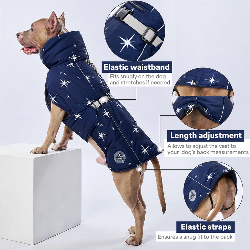 Winter Dog Vest for Medium Large Dogs 4XL – Lined Dog Coat with Quick Fastex Buckle, High Stand Collar with Collared Snood, Elastic Waist, Leash & Harness Opening (Chest 25.59–29.52”, Length 19.68”) 4XL: Chest 25.59-29.52'', Length 19.68''