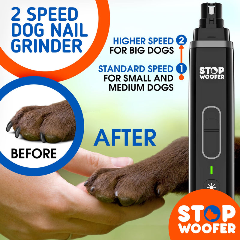 STOPWOOFER Dog Nail Grinder with 2 LED Light for Small Medium Large Dogs - New Version 2-Speed Powerful Electric Pet Nail Trimmer Quiet Painless Paws Grooming - Rechargeable Pet Nail Grinder for Dogs - PawsPlanet Australia