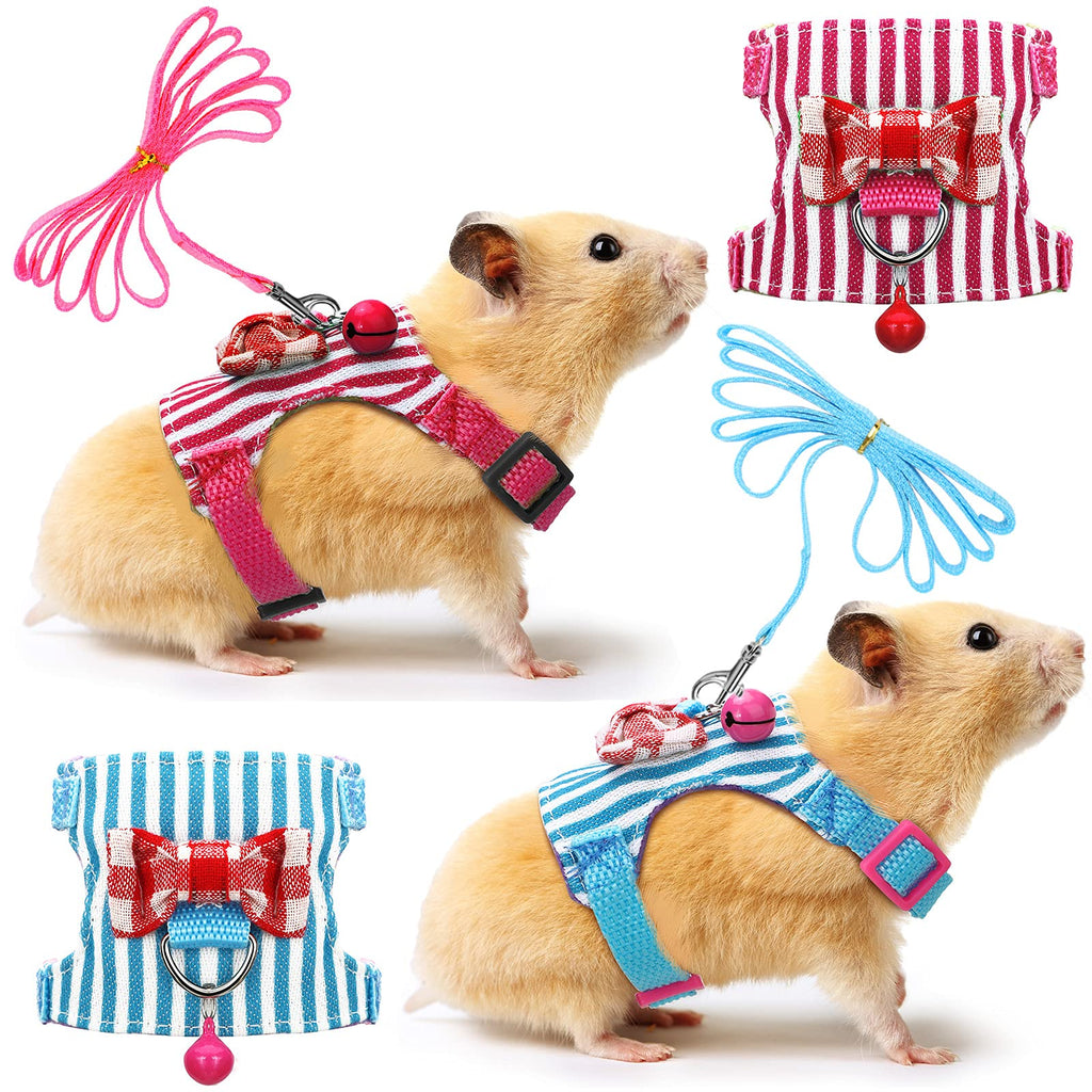 2 Pieces Hamster Harness and Leash Set for Walking, Small Guinea Pig Clothes with Bowknot Bell, No Pulling Comfort Padded Vest Striped for Guinea Pig Hamster Ferret, Small Animals (Blue, Pink,S) S Blue, Pink