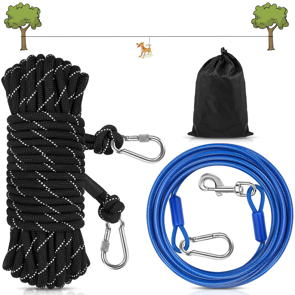 Petbobi Dog Runner for Yard 50ft, Dog Tie Out Cable for Camping with 10ft Dog Run Wire Cable, Portable Reflective Dog Lead Line with 360° Tangle Free &Heavy-Duty Clasp for Yard, Park, Black 50FT+10FT