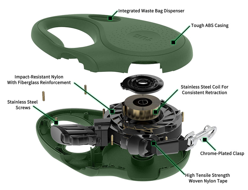 TUG Oval 360° Tangle-Free Retractable Dog Leash with Integrated Waste Bag Dispenser (Medium, Green) Medium - PawsPlanet Australia