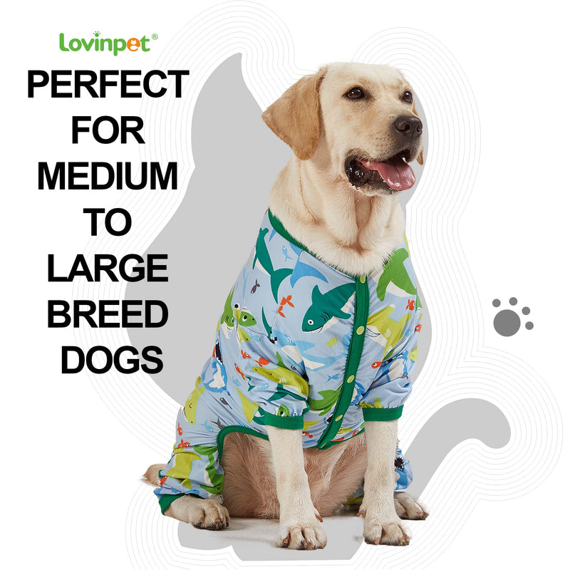 LovinPet Surgical Recovery Shirt for Large Dogs, Undershirt for Dog Coats, Lightweight Stretchy Knit Dog Onesie, Big Bites Turquoise Print Dog Jammies, UV Protection, Stop Shedding for Dogs, Medium Green/Blue Update
