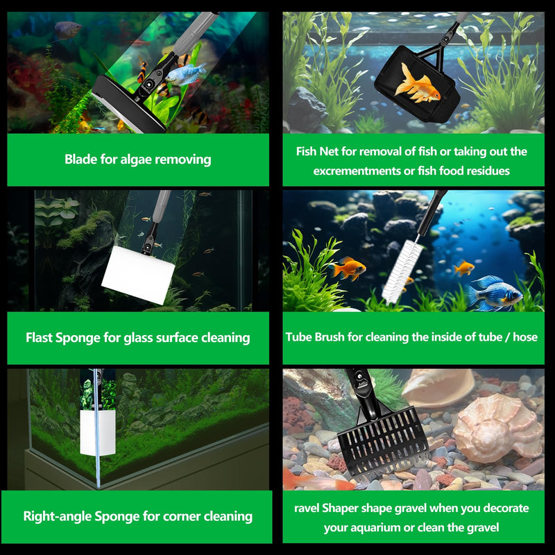 Aquarium Cleaning Tools 6 in 1, Fish Tank Cleaning Kit for 20-160 Gallon Acrylic & Glass Tank with Telescopic Long Handle, Algae Scraper, Scrubber Pads, Tube Cleaner, Fish net, Gravel Rake - PawsPlanet Australia
