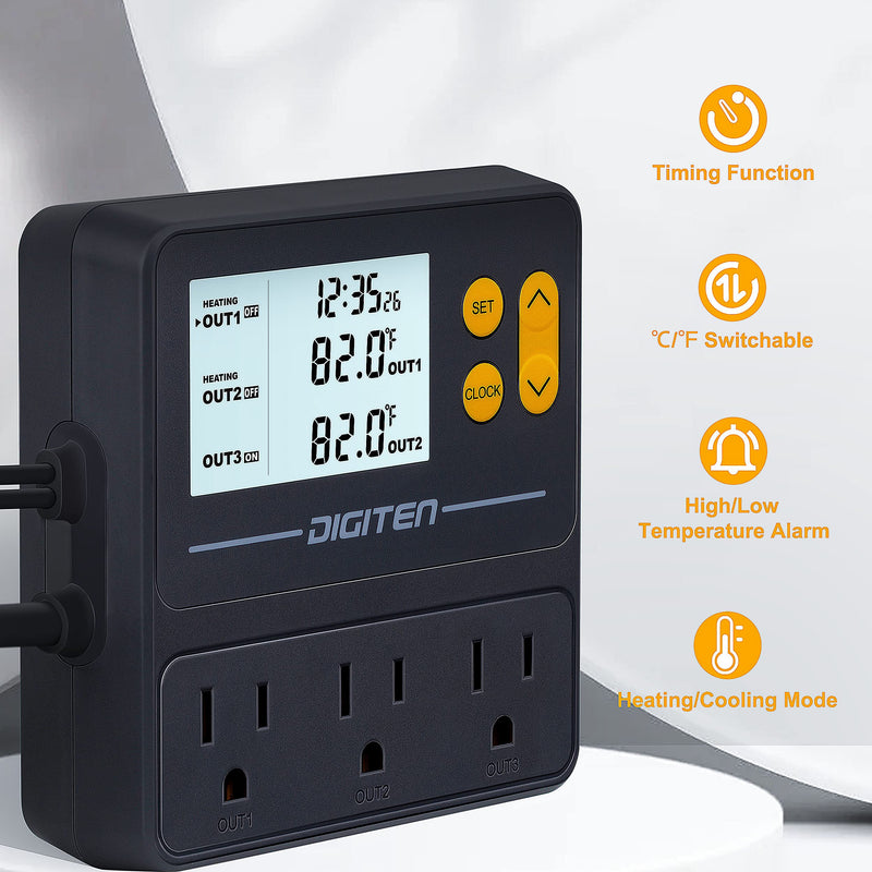 DIGITEN Reptile Temperature Controller with Timer Day-Night,3-Stage Outlet Thermostat Cooling Heating Mode Temperature Controlled for Ball Pythons,Mushroom,Fermentation,Bearded Dragon - PawsPlanet Australia
