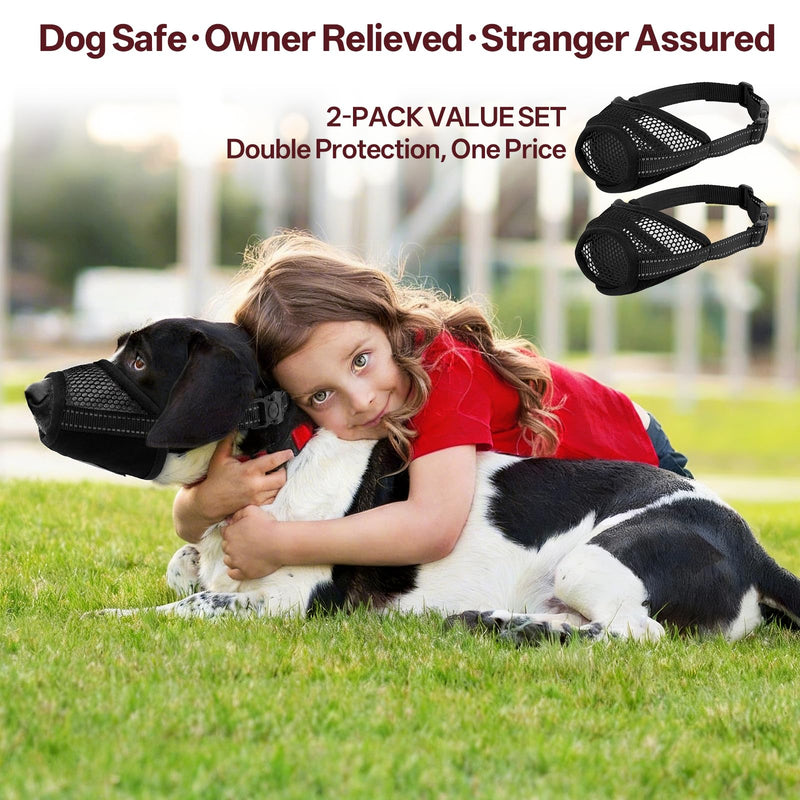 Dog Muzzle 2 Pack, Breathable Mesh Muzzles for Small Medium Large Dogs to Drink Eat Pant, Adjustable Soft Muzzle for Anti-Biting Barking Chewing Licking, Dog Mouth Cover for Vet Grooming, Black L