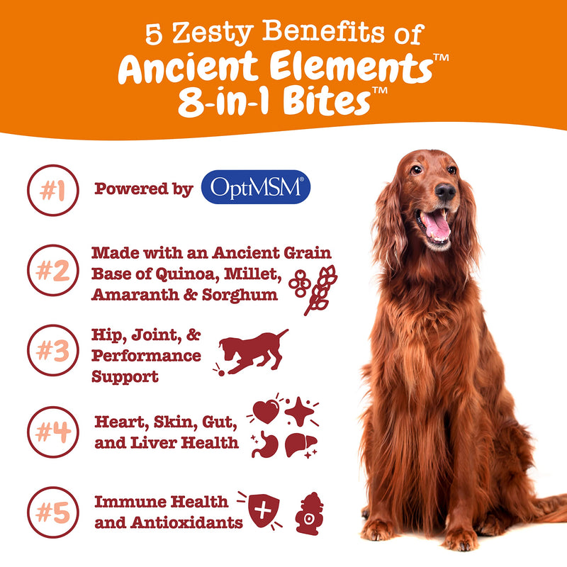 Ancient Elements 8-in-1 Bites for Dogs - Joint, Skin, Gut, Immune, Heart, Antioxidant, Performance & Liver Support - Vitamins, Glucosamine, Chondroitin, Enzymes, Probiotics & MSM - 90 Count Bison 90 Count (Pack of 1) - PawsPlanet Australia