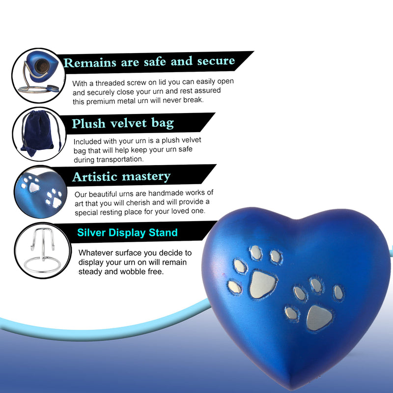 THE ASCENT MEMORIAL PET Memorial Heart URNS for Ashes for Cats and Dogs | PAW Engraved Heart URN | Display Stand | Velvet Carry Bag | Paper Funnel | Magnet Closure Gift Box Blue - PawsPlanet Australia