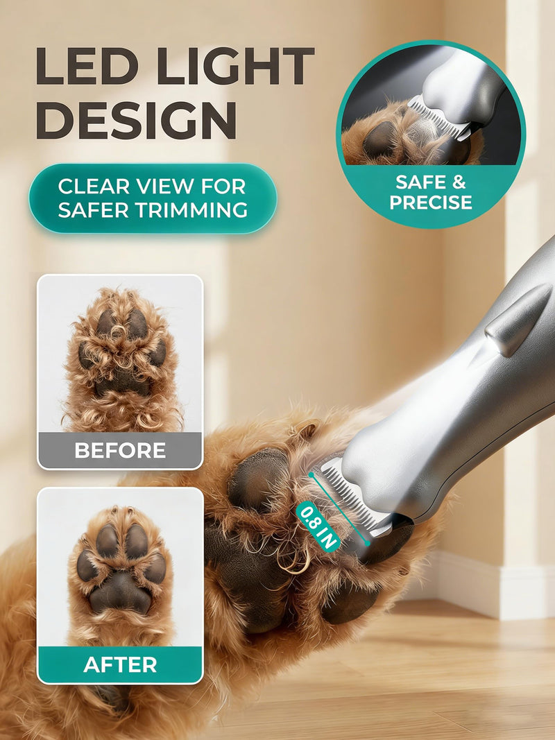 2026 New Dog Paw Trimmer with LED Light - Cordless Quiet Precision Groomer for Dogs & Cats, Low Noise Pet Shaver, IPX5 Waterproof, Effortless Trimming Paws Ears Eyes Butt, Includes Grooming Comb Silver - PawsPlanet Australia