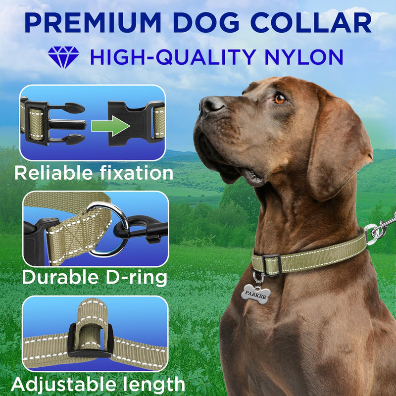 TECEUM Reflective Dog Collar – Olive – XXS – Basic Nylon Pet Collar – Quick Release Buckle – Fits Small, Medium and Large Dogs, Puppies, Cats – ESA & Service Dog Options