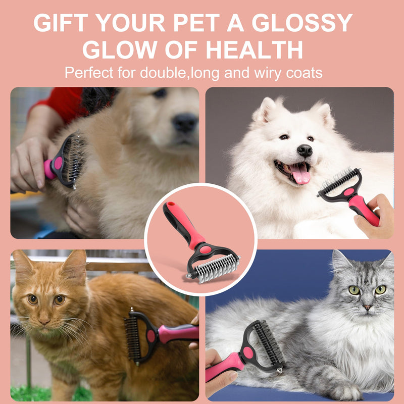 Pet Grooming Brush, Double Sided Undercoat Rake for Dogs & Cats, Professional Deshedding Brush and Dematting Tool, Safe and Effective Removing Knots, Mats, Tangles,and Flying Hair (Pink) Pink - PawsPlanet Australia