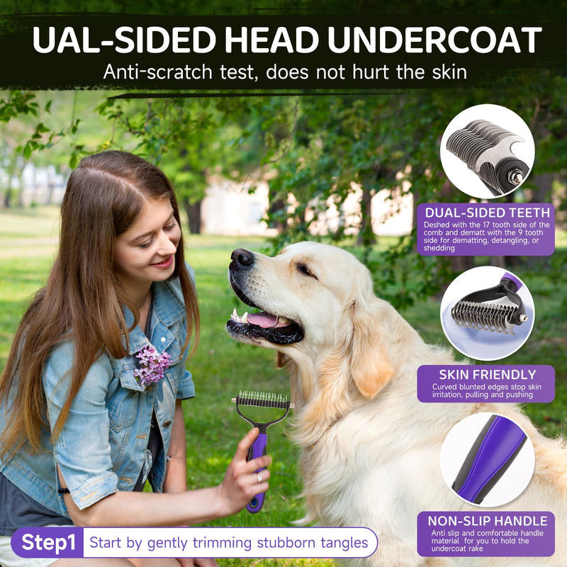Dog Brush Kit – 3 PCS Grooming Set with Self-Cleaning Brush, Undercoat Rake & Pet Bath Brush. Great for Shedding, Tangles & Dirt Removal – Ideal for Long & Short Haired Dogs & Cats, Purple - PawsPlanet Australia
