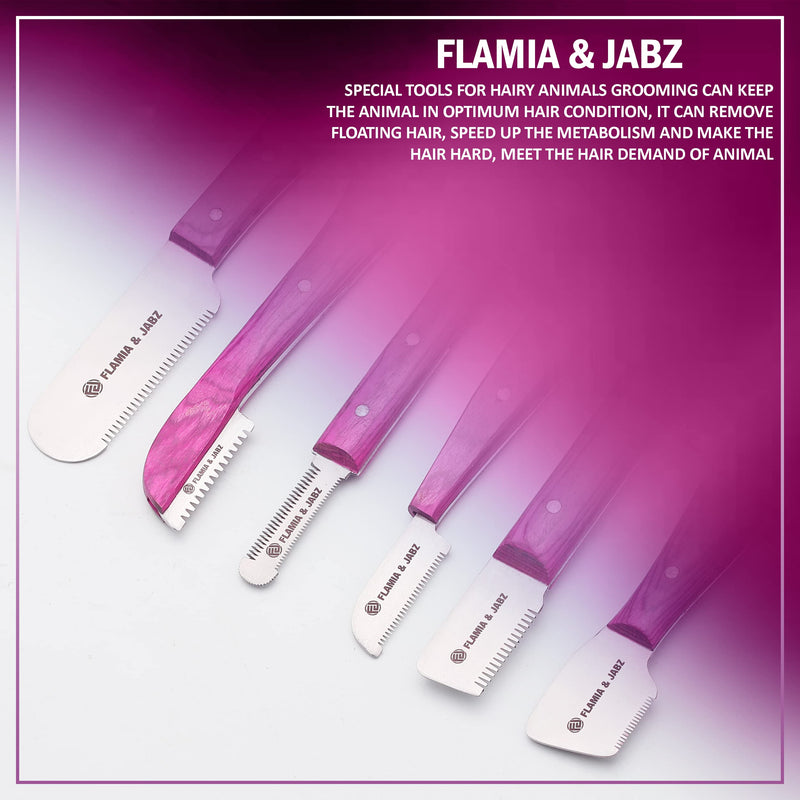FLAMIA & JABZ FJ Professional Stripping Knife kit (6 pieces set) for Dogs & Pets, Wooden Handle Grip with Stainless Steel Blade (Right handed) (Pink) Pink - PawsPlanet Australia