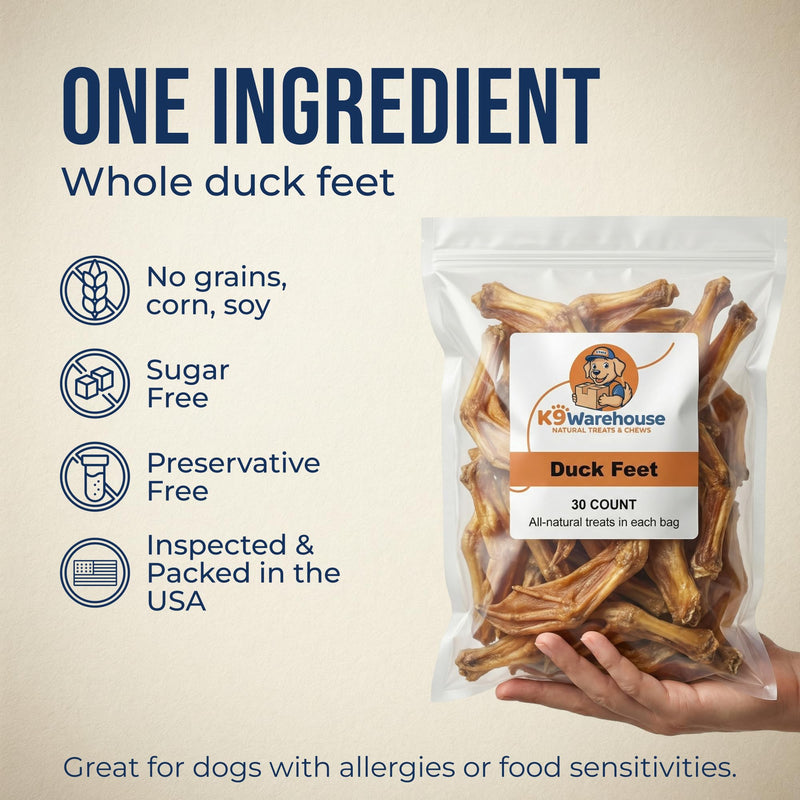K9warehouse Duck Feet for Dogs – High Protein Dehydrated Dog Treats, Natural Crunchy Chews with Collagen, Glucosamine & Chondroitin for Joint & Hip Health, Dental Care, Small to Large Breeds (30 pcs) 30 Count - PawsPlanet Australia