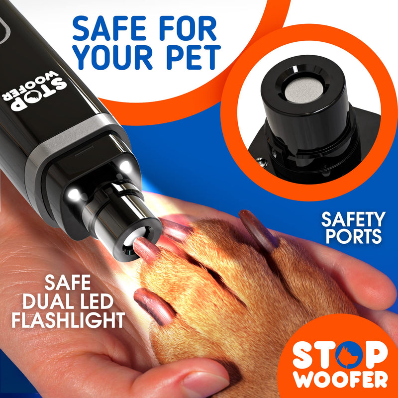 STOPWOOFER Dog Nail Grinder with 2 LED Light for Small Medium Large Dogs - New Version 2-Speed Powerful Electric Pet Nail Trimmer Quiet Painless Paws Grooming - Rechargeable Pet Nail Grinder for Dogs - PawsPlanet Australia
