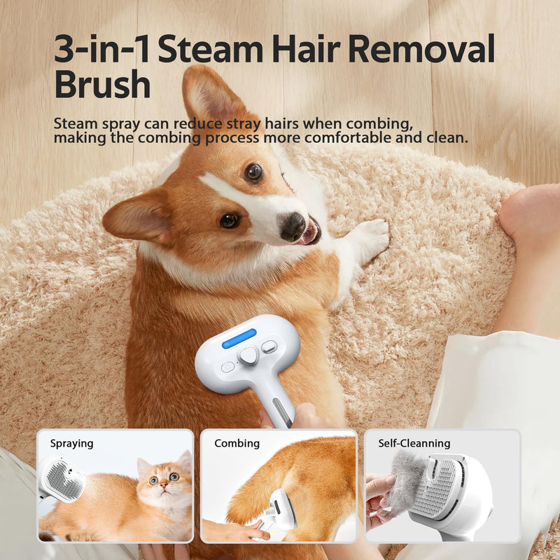Pet Grooming Brush with Electronic Mist Spray - Gentle Deshedding Tool for Cats & Dogs, Reduces Shedding, Easy to Use, Soft Bristles, Promotes Healthy Coat-Comes with a hair smoothing comb-White White - PawsPlanet Australia