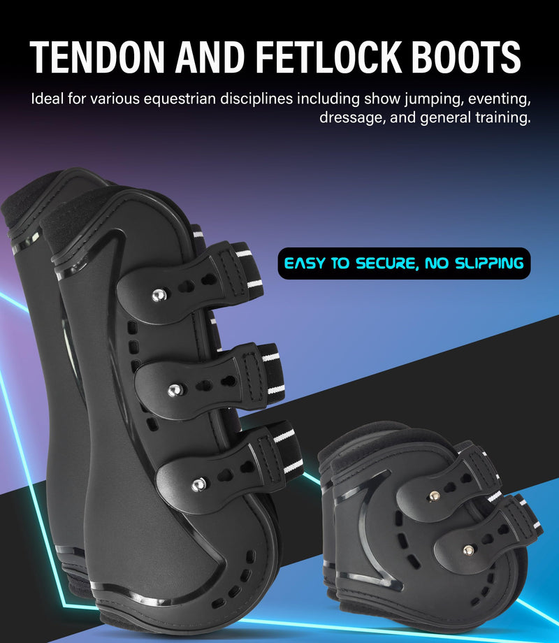 Horse Tendon Boots, Fetlock Boots & Open Front Boots for Jumping, Set of 4, Horse Protection Leg Guard, Black, Horse Size Large - PawsPlanet Australia