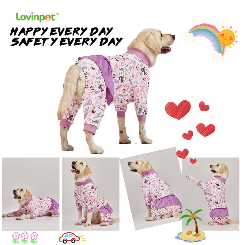 LovinPet Long Sleeve Onesie for Large Dogs, High Collar Cotton Dog Shirt, Anti-Shedding, Lightweight Stretchy Knit, Stop Shedding for Dogs, Pink Puppy Print, Shirt for under dog dresses, Pet Pj's, 2XL XX-Large Pink Purple