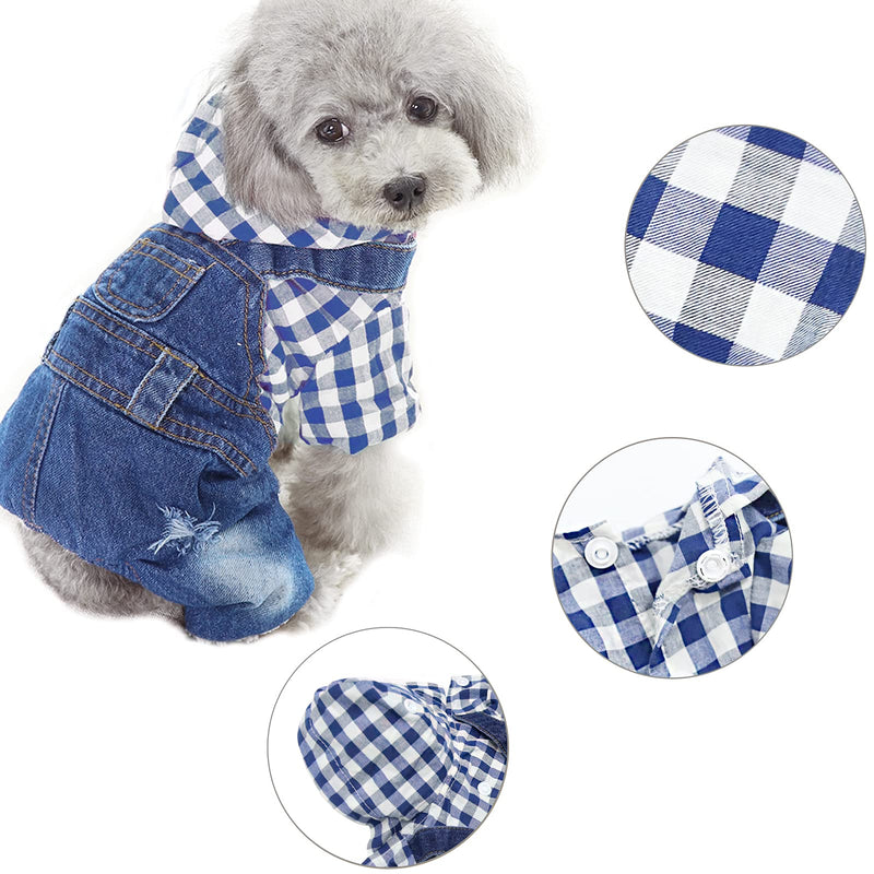 Pet Clothes Denim Dog Jeans Striped or Grid Jumpsuit Overall Hoodie Coat for Small Medium Puppy Cat XX-Large Blue Plaid