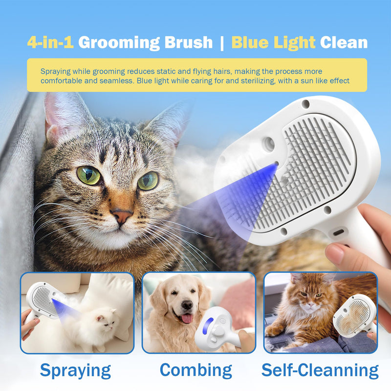 4-in-1 Pet Grooming Steam Brush for Cats & Dogs – Steam Spray, Blue Light, Hair Removal, Self-Cleaning Comb – Includes Pet Waterless Shampoo - PawsPlanet Australia