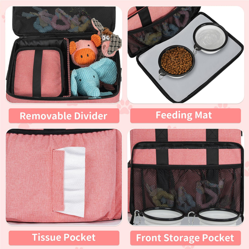 TORIBIO Dog Travel Bag,Large Pet Travel Bag for Supplies with 2 Food Container and Collapsible Bowls,Dog Travel Supplies Organizer Kit for Weekend,Road Trips,Camping Pink - PawsPlanet Australia
