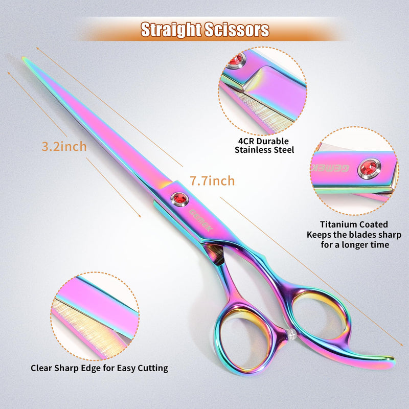 7.0in Titanium Professional Pet Grooming Scissors Set, GEMEK 6 in 1 Straight & Thinning & Upwards Curved & Downwards Curved Scissors & Comb for Dogs, Cats (Rainbow) Rainbow 6 in 1 7inch - PawsPlanet Australia