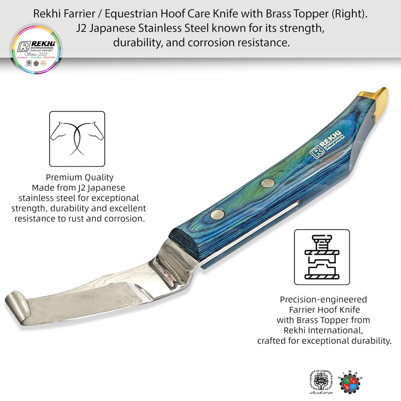 Farrier Hoof Knife with Brass Topper (Right) by Rekhi. J2 Japanese Stainless Steel known for its strength, durability, and corrosion resistance, Farrier and Equestrian Hoof Care Knife, RI-HKR-29