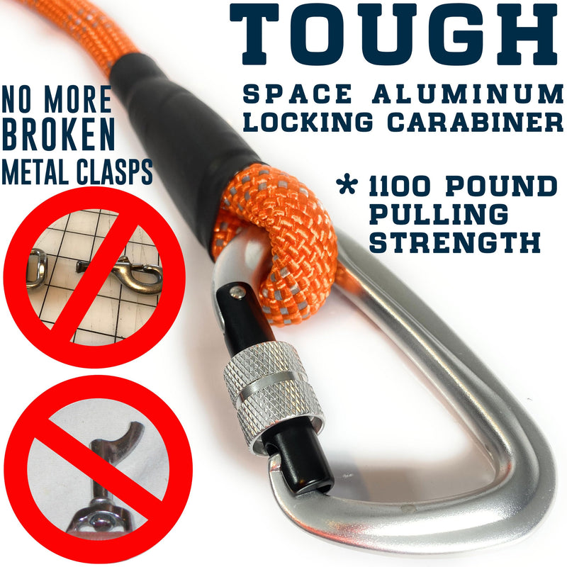Locking Carabiner Dog Leash – Heavy Duty Rope Leash for Large & Medium Dogs | Reflective with Strong Clip & Padded Handle for Walking, Hiking, Running, Training - 6 Ft (Blaze Orange) Blaze Orange - PawsPlanet Australia