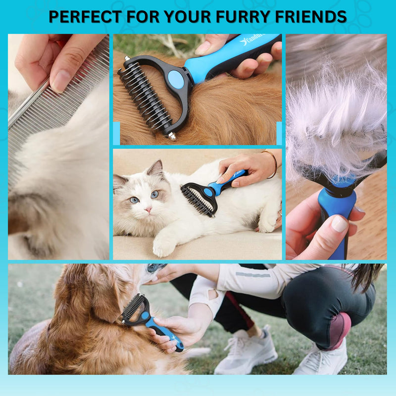Candure Dematting Comb for Dog and Cat, Pet Grooming Rake and Brushes for Small, Medium & Large Dogs 17+9 Double Sided Deshedding Tool Removes Knots and Tangled Hair (Blue) Blue - PawsPlanet Australia