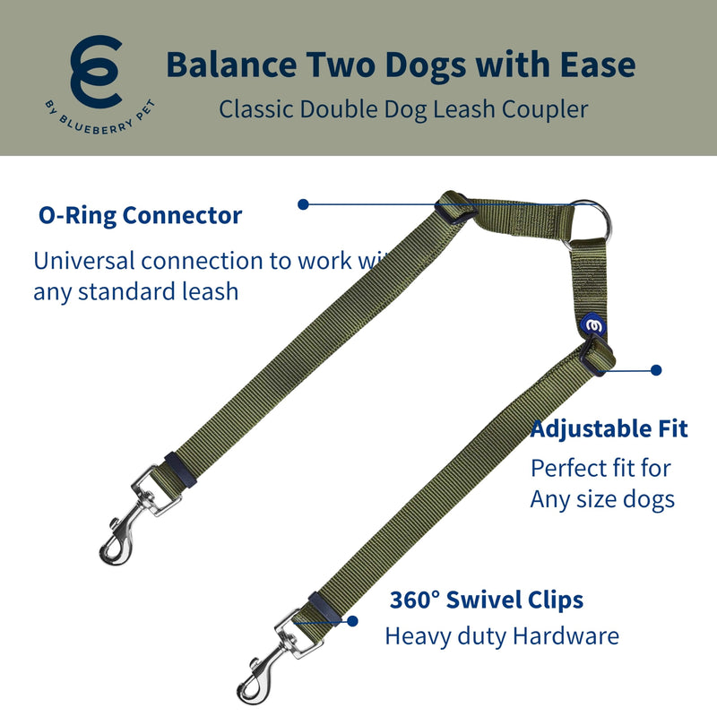 Blueberry Pet Essentials Durable Classic Double Dog Leash Coupler, Military Green, Medium/Large, Dual Walking & Training Leashes for Two Dogs Coupler Double Leash - M/L (20-90lbs) (Pack of 1) - PawsPlanet Australia