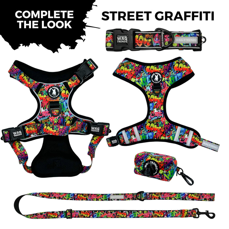 WAG TRENDZ Medium Dog Harness | Dog Harness for Medium Dogs | Front Clip No Pull | Padded Chest Comfort | Breathable Air Mesh | Reflective | Street Graffiti | M - PawsPlanet Australia