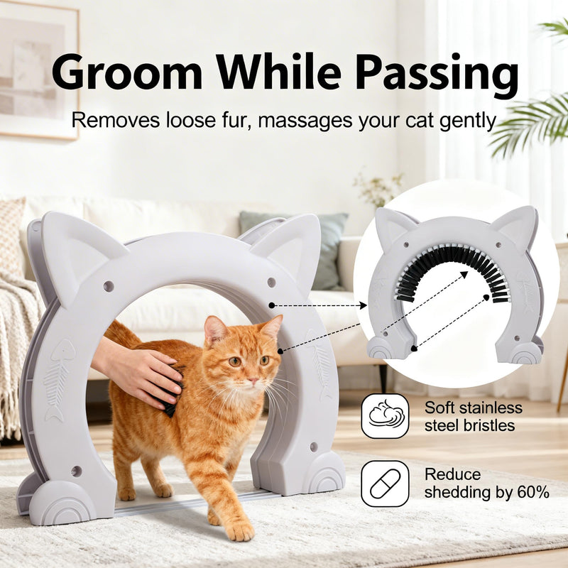 Stainless Steel Large Pet Cat Pass with Grooming Brush for White Cats - Interior Door with Needle
