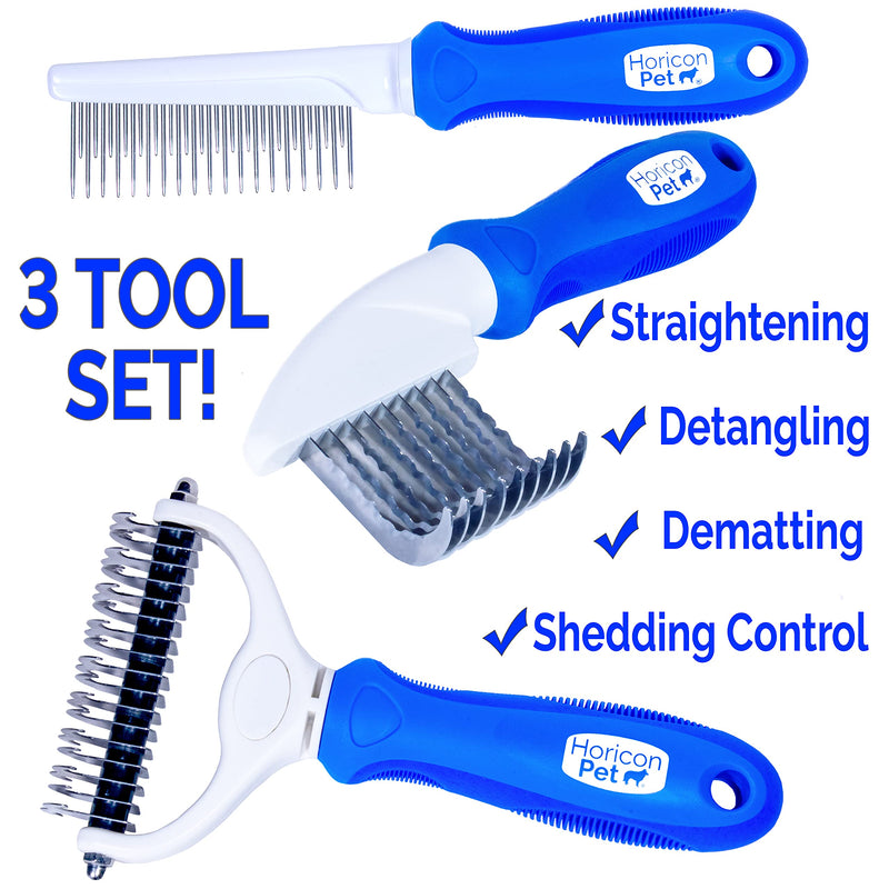 Ultimate Pet Dematting & Deshedding Set - 3 in 1 Grooming Tool Set - Dual Sided Undercoat Rake, Dematting Razor Comb & Detangling Pet Comb 3 Piece Set - PawsPlanet Australia