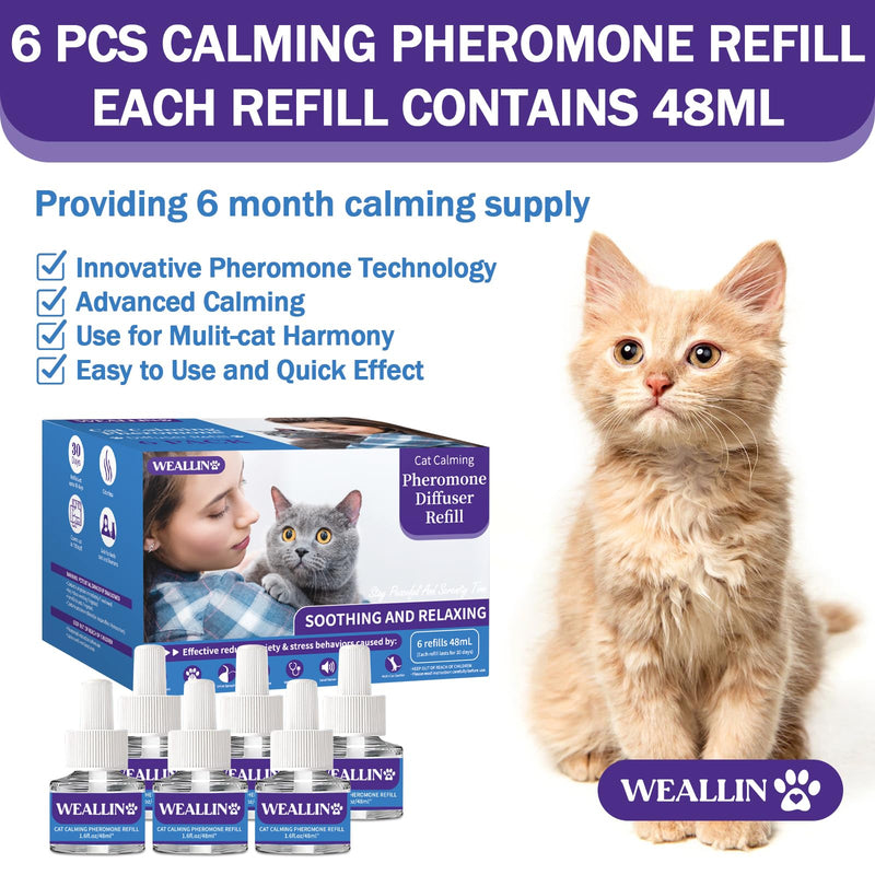 6 Pack Cat Calming Diffuser Refills - Cat Pheromones Calming Diffuser Refill Relieve Anxiety & Stress 6 Month Supply, Cat Pheromone Diffuser Refills (Fits All Common Diffuser Heads)