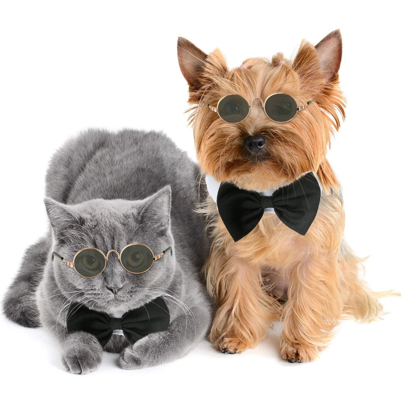 2 Pieces Pets Dog Cat Bowtie Tie Sunglasses Pet Costume Adjustable Formal Necktie Collar for Cats Small Dogs Puppy Round Metal Cat Classic Retro Sunglasses Grooming Accessories Cosplay Party