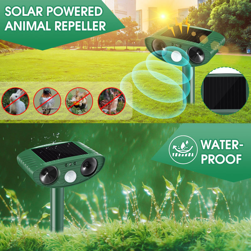 2 Pack Solar Animal Repeller Outdoor, Cat Deterrent with Ultrasonic & Flashing LED - Night Time Motion Activated Pest Control for Garden Yard to Repel Cats, Raccoons, Deer, Skunks, Squirrels Green - PawsPlanet Australia