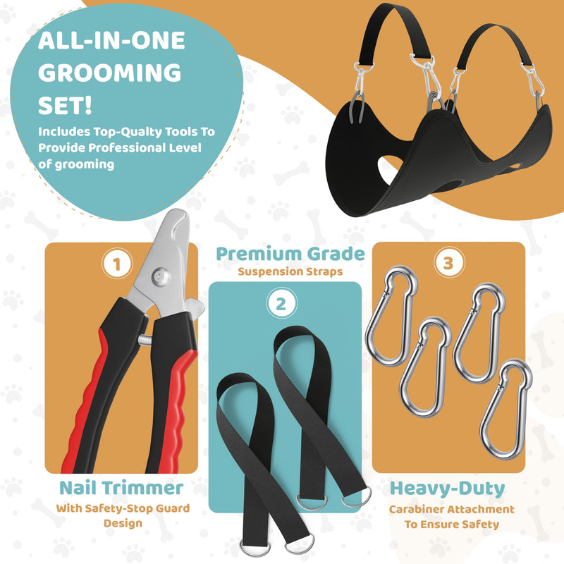 Dog Grooming Hammock – Sturdy & Safe Dog Hammock for Grooming with Durable Carabiner Clips & Straps – Soft, Comforting Dog Grooming Harness – Pet Grooming Hammock + Nail Trimmer for Large Dogs Large - Up to 65 Pound Black - PawsPlanet Australia